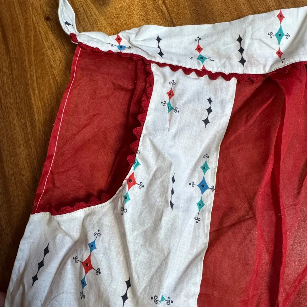 Vintage Handmade 1950s Geometric Design Sheer Red Half Apron‎ with pockets